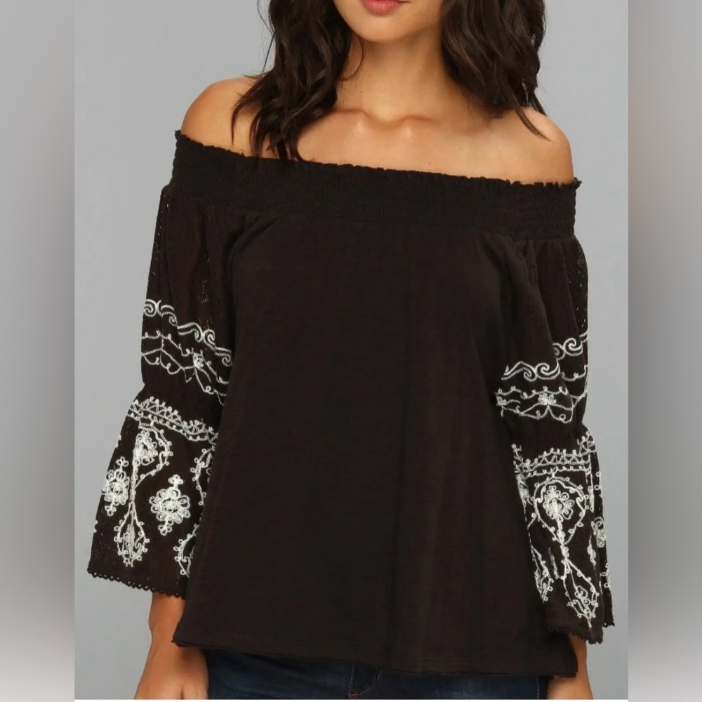 Free People Black Peasant Off-Shoulder Top Sz S